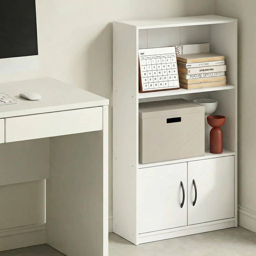 Gruen 39.5 in. Tall White Wood 3-Shelf Bookcase with Open Shelf and 2-Doors Storage Cabinet