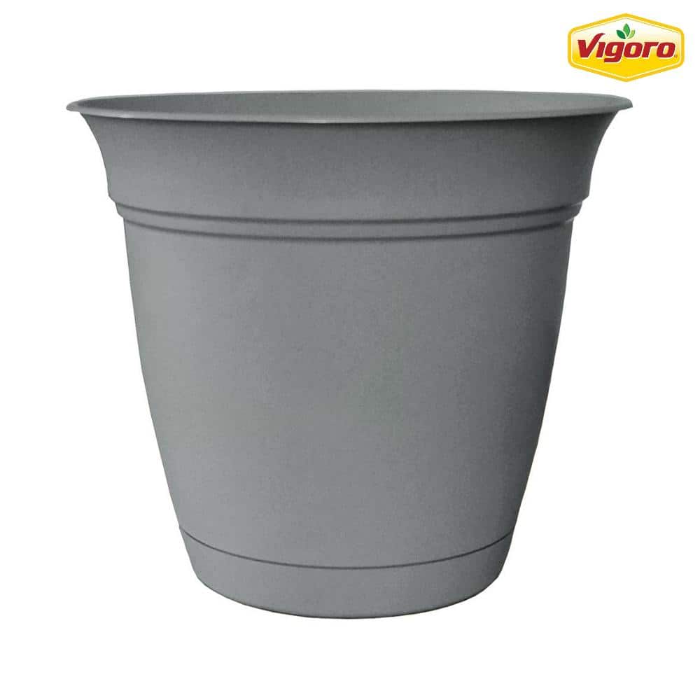 Vigoro 8 Stormy Planter Mirabelle in. Hole Gray Home Depot with - and D Saucer The 7 in. x Attached ECA08000A53 Plastic Drainage (8 in. H)