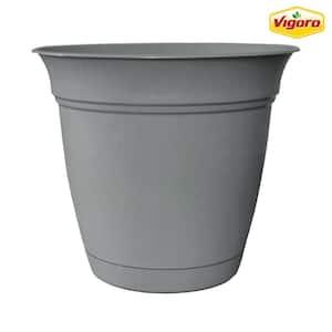 8 in. Mirabelle Stormy Gray Plastic Planter (8 in. D x 7 in. H) with Drainage Hole and Attached Saucer