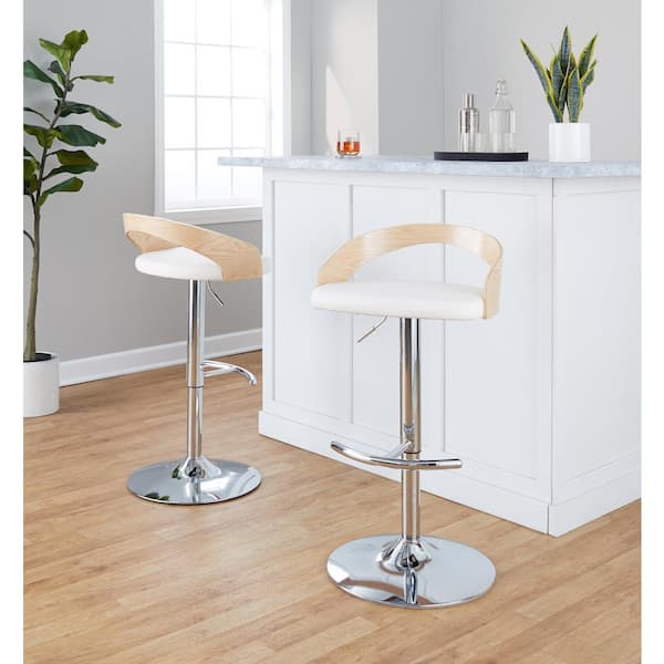 Lumisource Grotto 32.25 in. White Faux Leather, Natural Wood and Chrome Metal Adjustable Bar Stool (Set of 2)