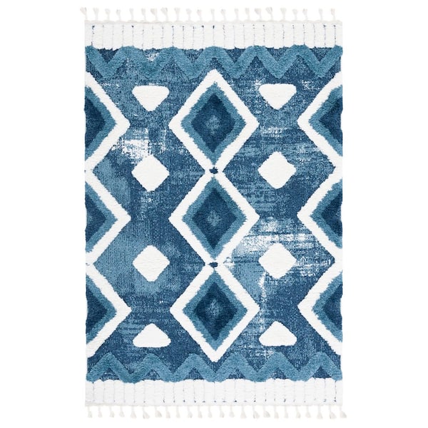 Moroccan Tassel Shag 9 ft. x 12 ft. Blue/Ivory High-Low Zig-Zag Diamond Area Rug