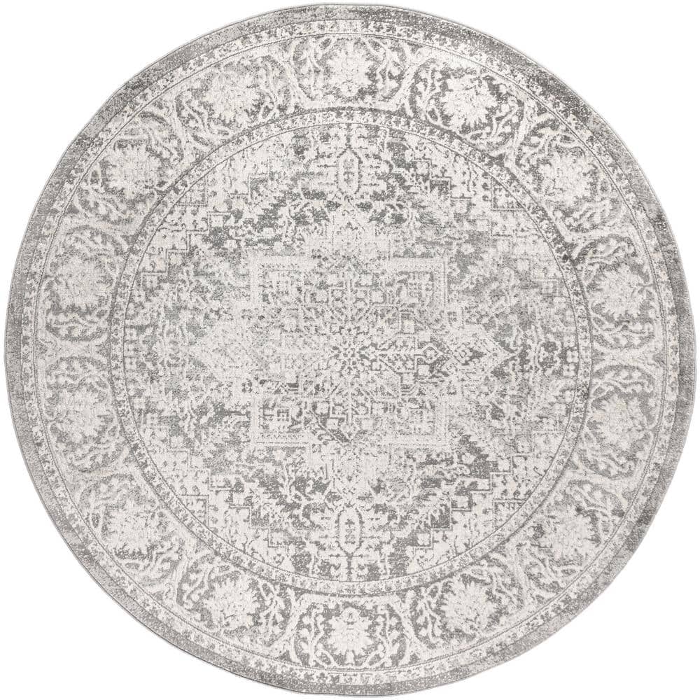 Light Gray Round Synthetic Medallion Area Rug, 6' Diameter
