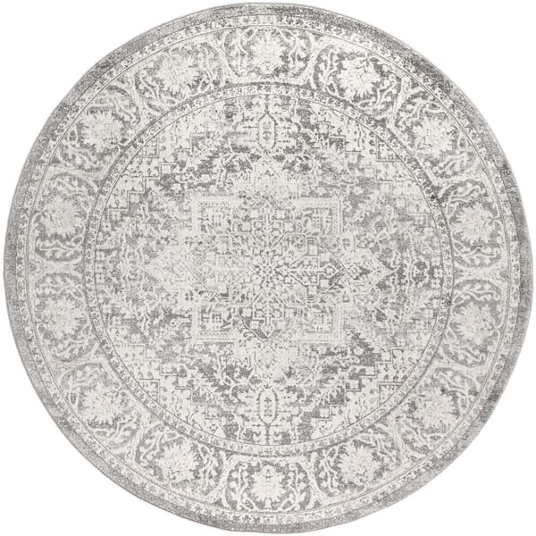 Modern Persian Vintage Medallion Light Gray 6 ft. 7 in. Round Area Rug