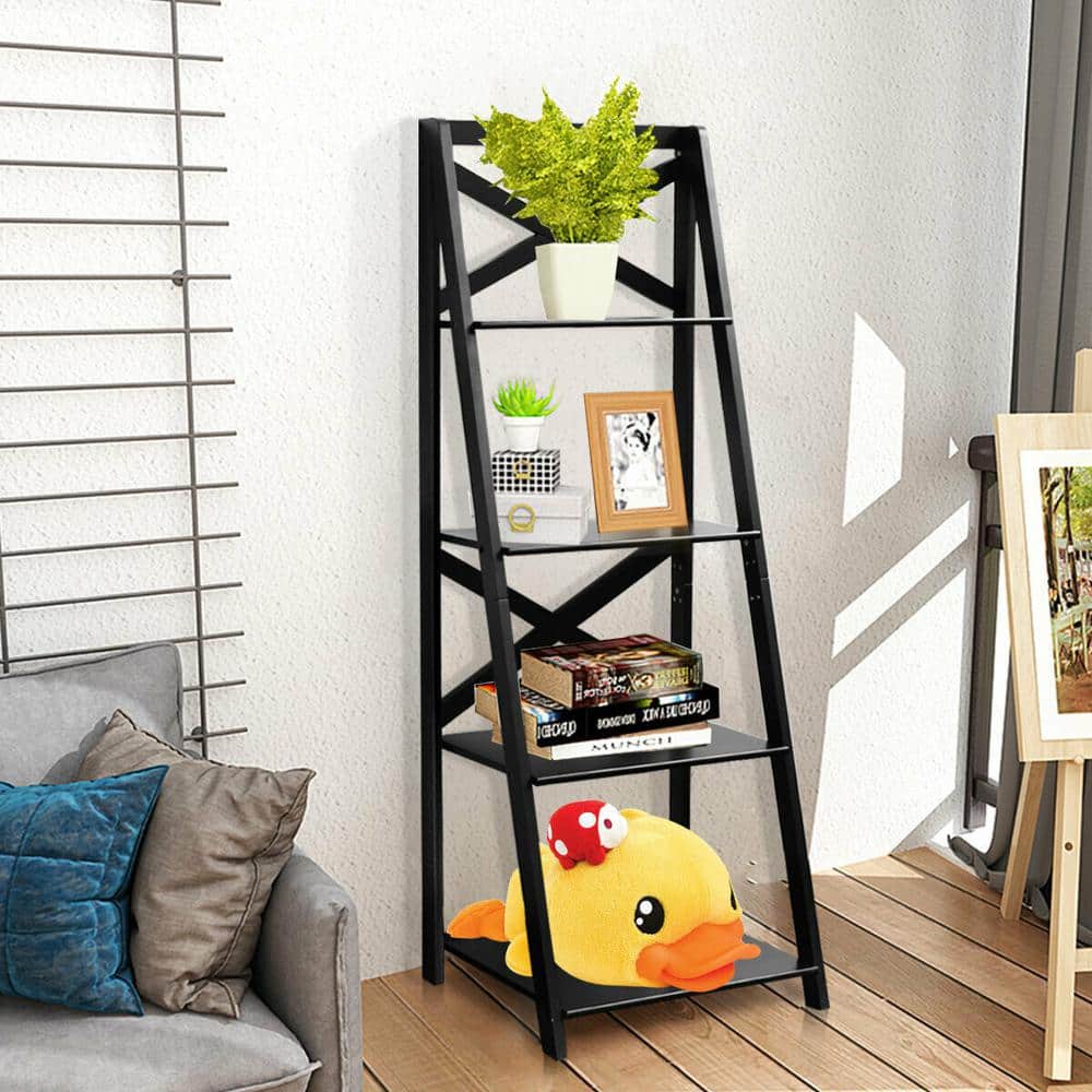 Black Solid Wood 56" 4-Tier Ladder Shelf for Kids