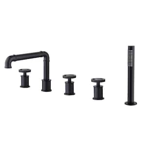3-Handle Deck-Mount Roman Tub Faucet with Hand Shower Modern Brass 5-Holes Tub Filler in Matte Black