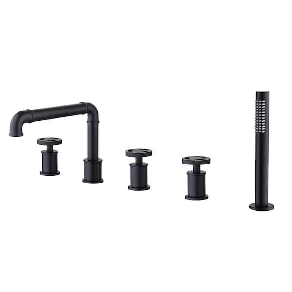 FLG 3-Handle Deck-Mount Roman Tub Faucet with Hand Shower Modern Brass 5-Holes Tub Filler in Matte Black