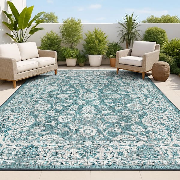 Tela Bohemian Textured Weave Floral Teal/Gray 9 ft. x 12 ft. Indoor/Outdoor Area Rug