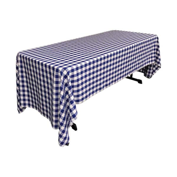 LA Linen 60 in. x 120 in. White and Royal Blue Polyester Gingham ...