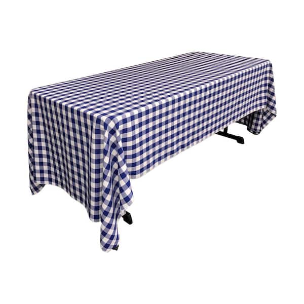 LA Linen 60 in. x 144 in. White and Royal Blue Polyester Gingham Checkered Rectangular Tablecloth