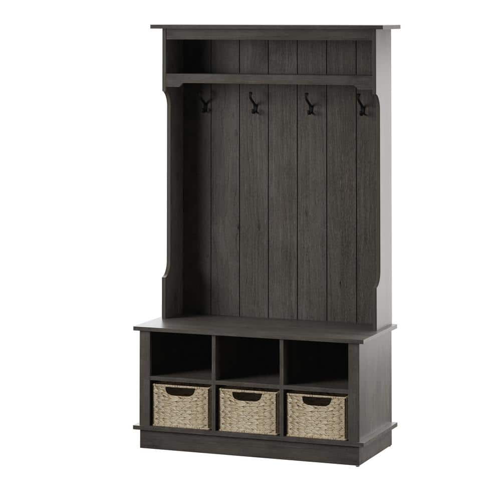 Weathered Gray Hall Tree with Woven Basket Storage