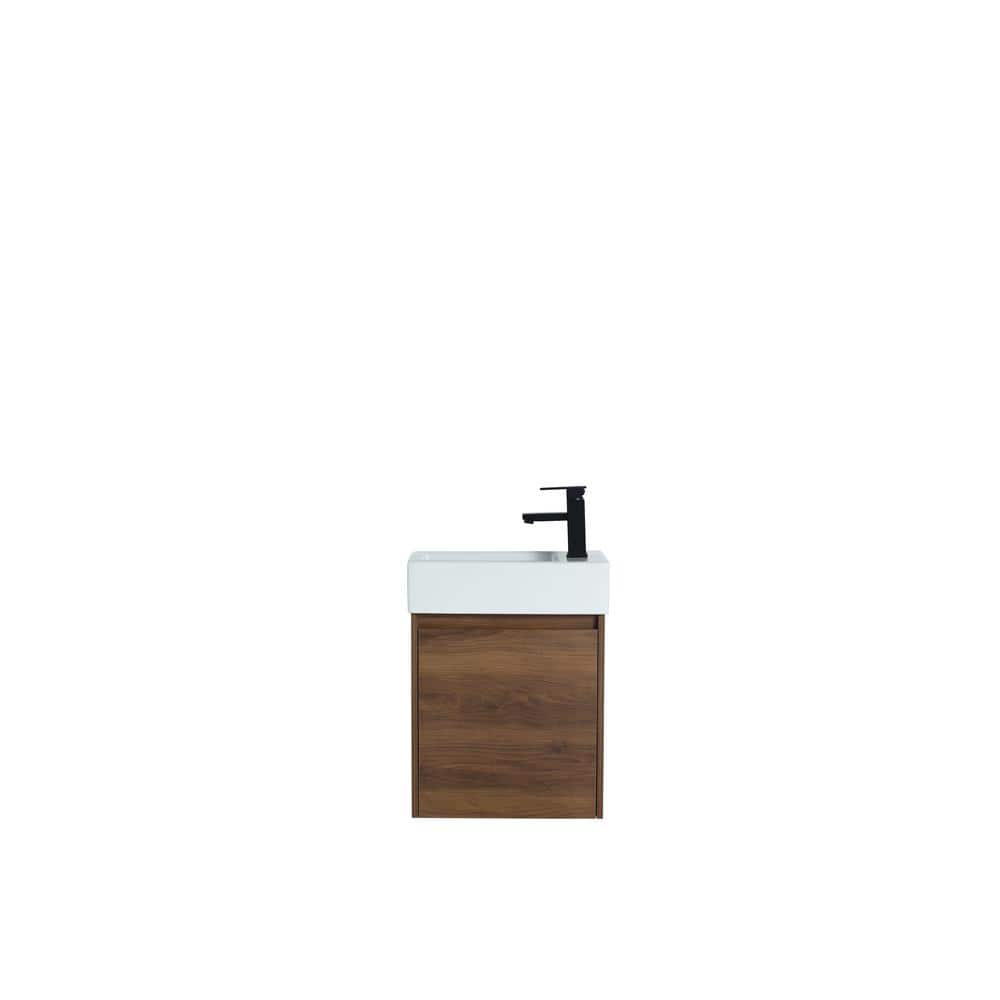 Solid Wood 18 in. Floating Brown Walnut Bath Vanity with White Ceramic Top 