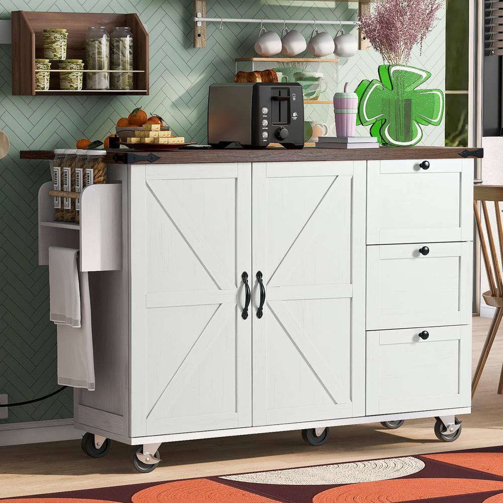 54.5 in. White Farmhouse Kitchen Cart Island with Power Outlet, Drop Leaf, 