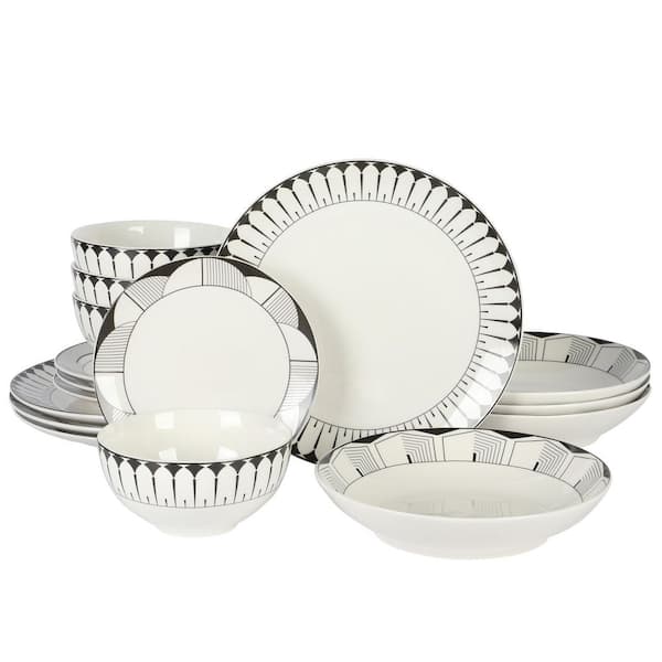 Gibson Home Aracama 16-Piece Double Bowl White with Multi-Colored Decorated Trim Dinnerware Set