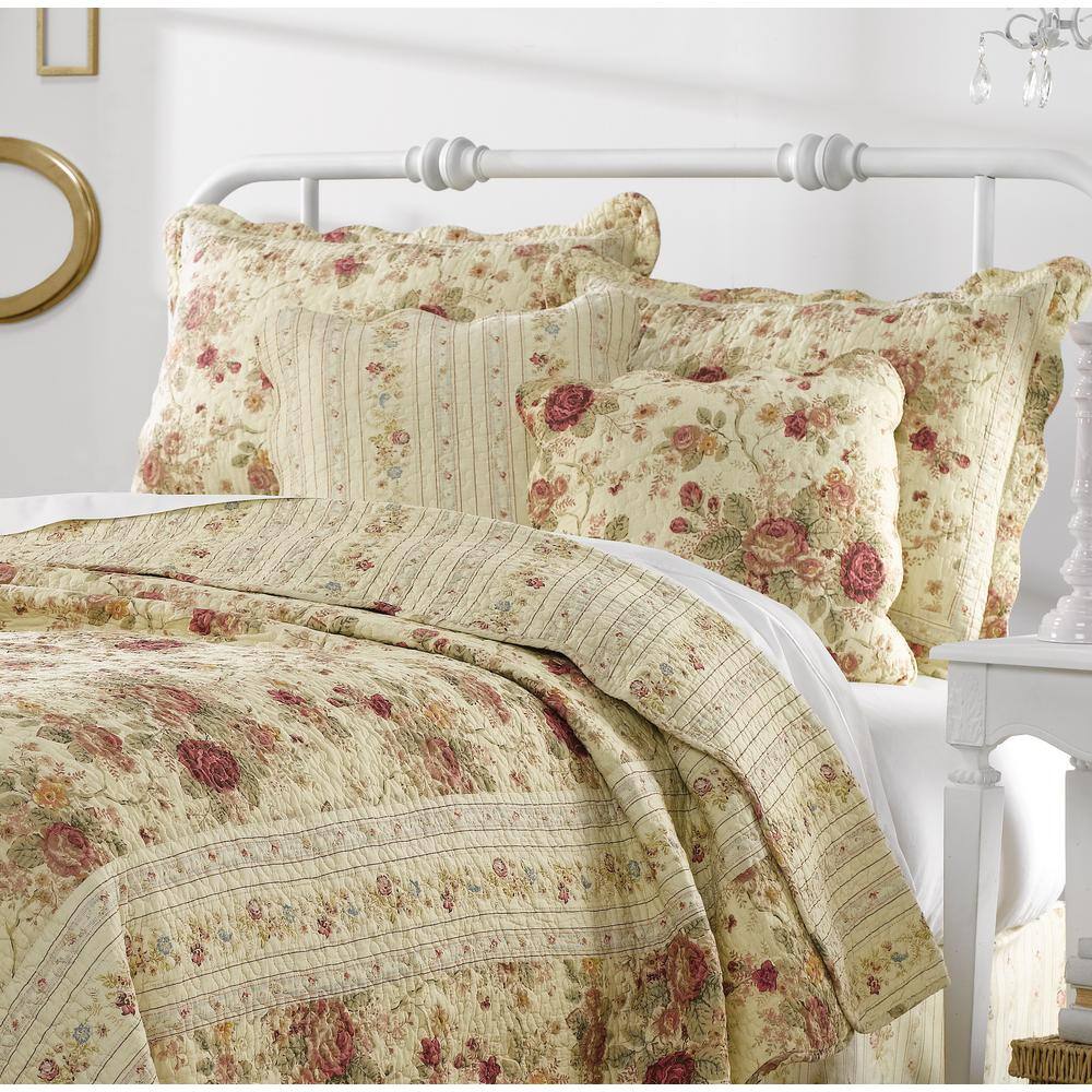 Antique Rose Twin Cotton Reversible Quilt Set with Decorative Pillows