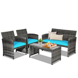 4-Piece Wicker Patio Conversation Set Rattan Outdoor Sofa Coffee Table Set With Turquoise Green Cushions