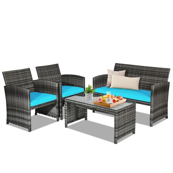 FORCLOVER 4-Piece Wicker Patio Conversation Set Rattan Outdoor Sofa Coffee Table Set With Turquoise Green Cushions
