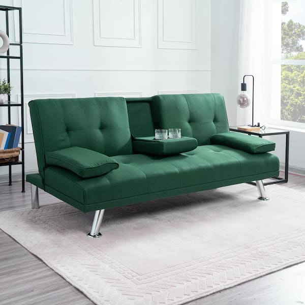 HOMESTOCK 66 in. Green, Linen Futon Couch with Armrest 2-Cupholders, Sofa Bed Couch Convertible with Metal Legs