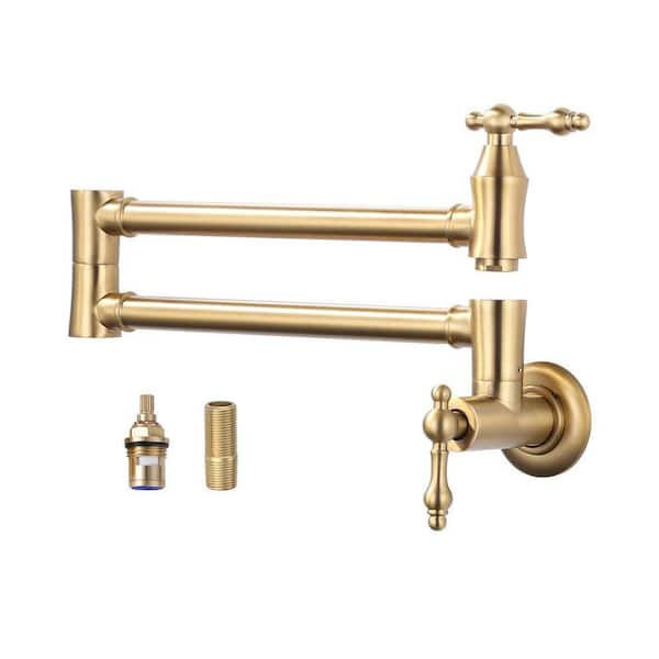 Brass Wall Mounted Pot Filler Double Joint Swing Arms Kitchen Faucet with 360° Spout Swivel in Gold