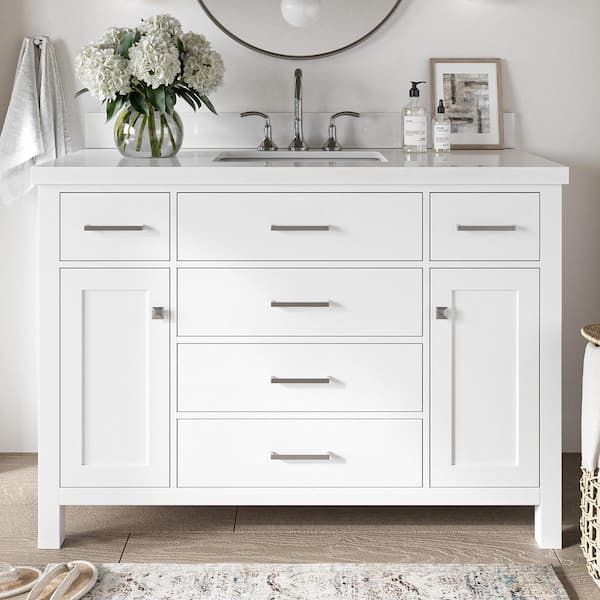 ARIEL Bristol 49 in. W x 22 in. D x 36 in. H Freestanding Bath Vanity in White with Pure White Quartz Top
