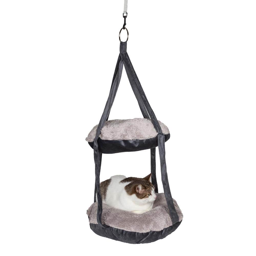 Grey Dual-Lounger Hanging Cat Hammock with Fiberfill Cushions