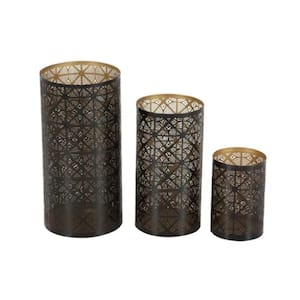 Dark Brown Decorative Candle Lantern Set of 3-with Metal Geometric Design for Indoor