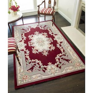 New Aubusson Burgundy Red 5 ft. x 8 ft. Wool Area Rug