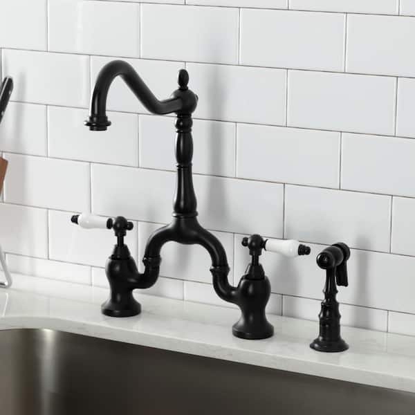 Kingston Brass Heritage Matte Black 2-Handle Deck-Mount Bridge Handle Kitchen Faucet