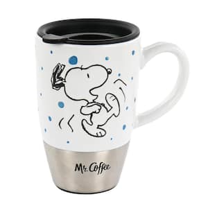 Snoopy Time 15 oz. Ceramic Travel Mug in White and Stainless Steel With Lid