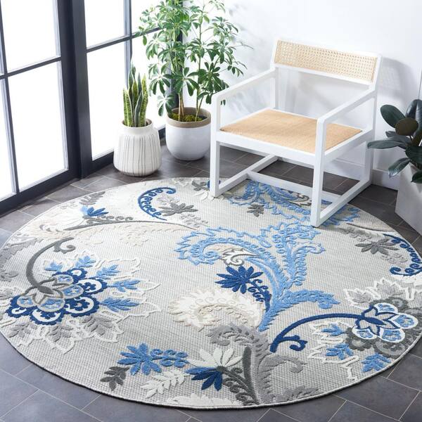 Cabana Gray/Blue 3 ft. x 3 ft. Floral Scroll Round Indoor/Outdoor Area Rug