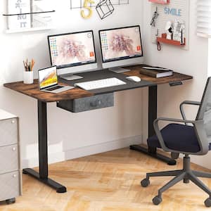 55 in. Rectangular Brown Electric Standing Desk Height Adjustable Sit Stand with USB Charging Port