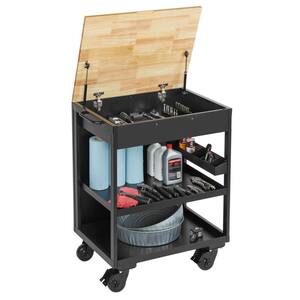 Extra Wide Utility Cart with Wooden Top in Black (28 in. W x 37.5 in. H x 21.5 in. D)