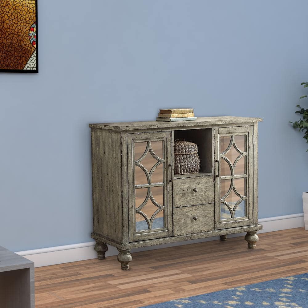 Weathered Gray Mirrored Console Table with Diamond Trim Inlay