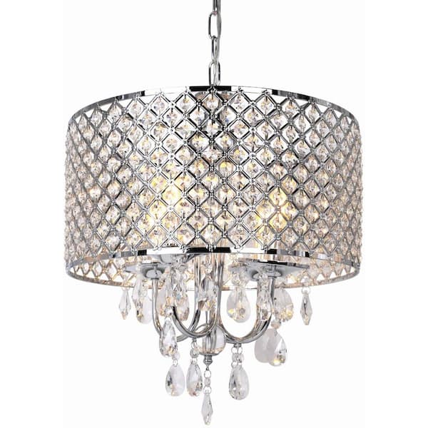 LamQee 4-Light Chrome Round Chandelier with Beaded Drum and Hanging Crystal Raindrops