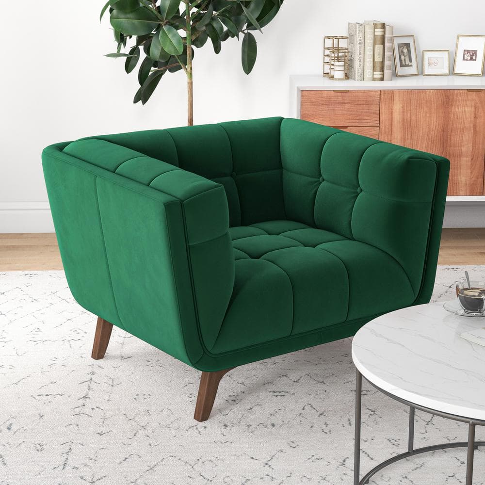 Allen Dark Green Velvet Tufted Lounge Chair with Wood Frame