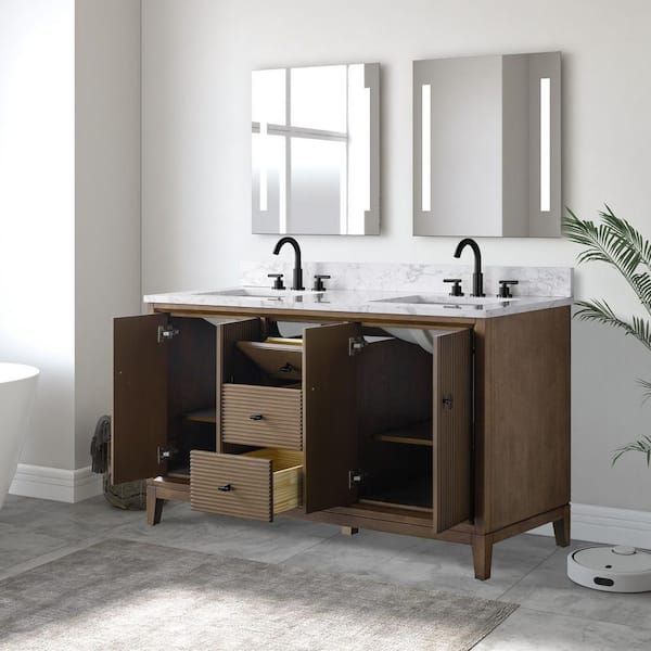 60 in. W x 22 in. D Double Sink Freestanding Walnut Bath Vanity Cabinet with White Engineered Marble Top
