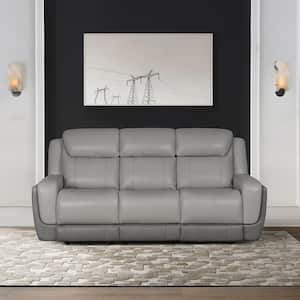 Rosalyn 87 in. Dropdown Console Track Arm Leather Power Reclining Sofa in Silver and Gray