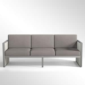 SquareChic Metal and Light Beige Wicker Outdoor 3-Seat Sectional Couch Sofa with Olefin Dark Gray Cushions