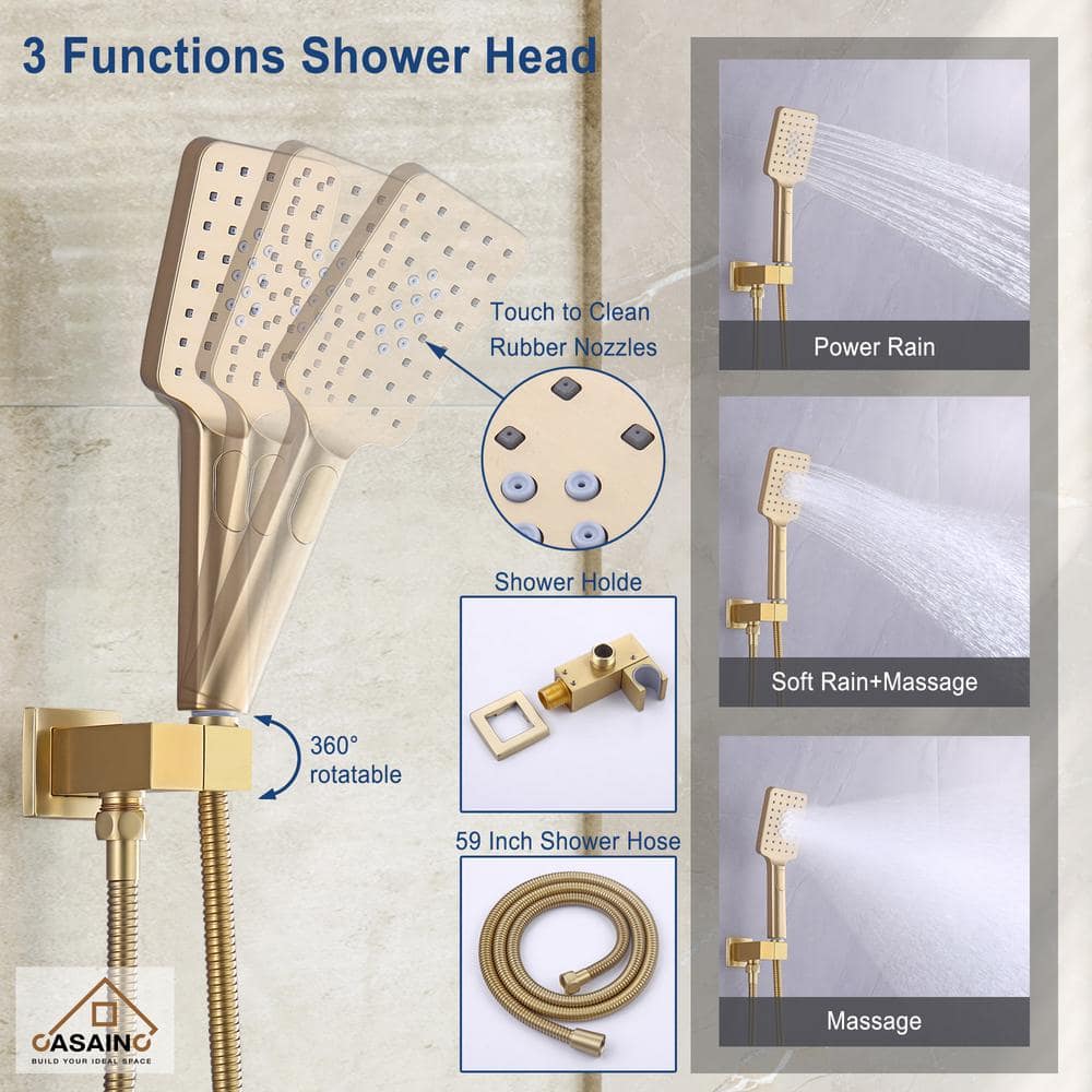 Brushed Gold 12" Wall Mount Shower System with Handheld Spray