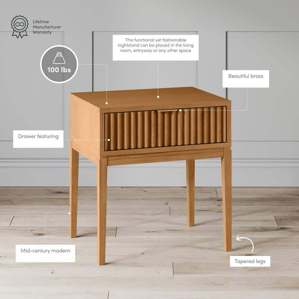Natural Brown Fluted Wood Nightstand Set with Brass Handles
