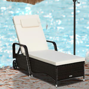 Adjustable Wicker Outdoor Chaise Lounge with Beige Cushions