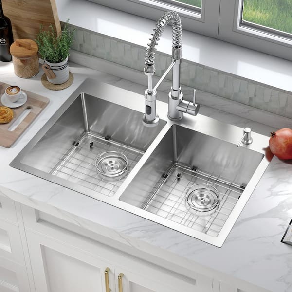 Attop Handmade Stainless steel 33 inch Double Bowls Top Attop Handmade Stainless steel 33 inch Double Bowls Top