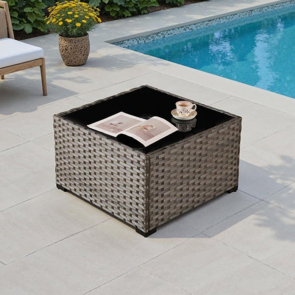 OculusB Square Wicker Outdoor Patio Coffee Table with Tempered-Glass Top and Umbrella Hole