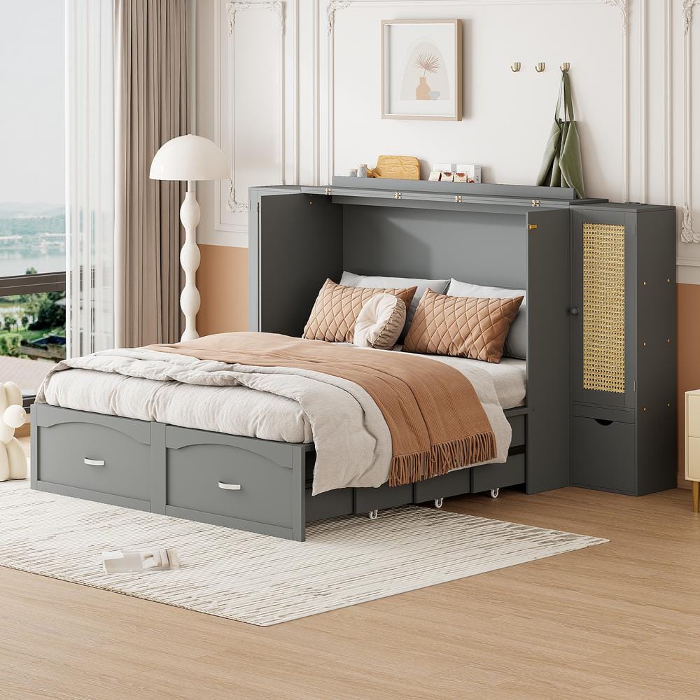 Harper & Bright Designs Gray Wood Frame Queen Murphy Bed with Drawers ...