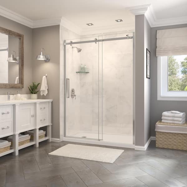MAAX Halo 32 in. x 60 in. x 83 in. Frameless Sliding Shower Kit in Chrome with Right Drain Base in White