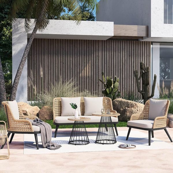 JARDINA Menorca 5-Piece Wicker Outdoor Patio Conversation Set with White Cushions and 2 Mixed Tables