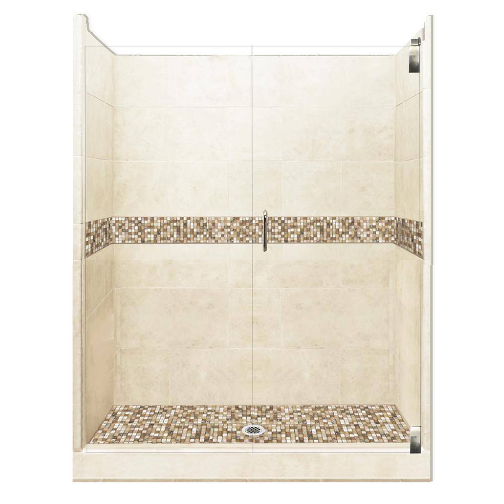 Roma Grand Hinged 30 in. x 60 in. x 80 in. Center Drain Alcove Shower Kit in Desert Sand and Chrome Hardware price history on PriceWatchPro
