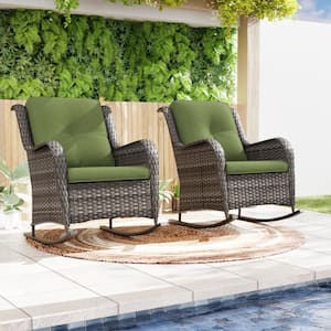 Wicker Outdoor Rocking Chair Patio with Green Cushion (2-Pack)