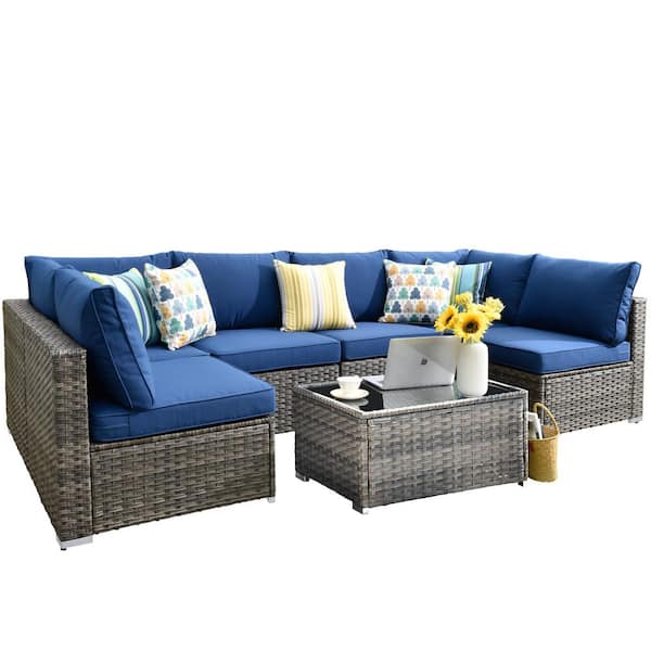 Maire Gray 7-Piece Wicker Outdoor Patio Conversation Sofa Seating Set with Navy Blue Cushions