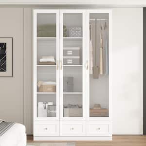 White Wood 47.2 in. W Tempered Glass Doors Armoires Wardrobe with Hanging Rods, 3-Drawers, Gold handles 78.7 in. H