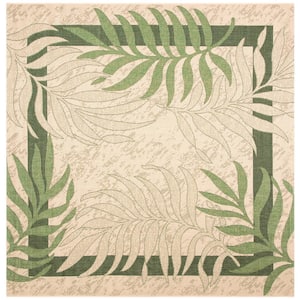 Courtyard Cream/Green 4 ft. x 4 ft. Palm Leaf Indoor/Outdoor Patio  Square Area Rug